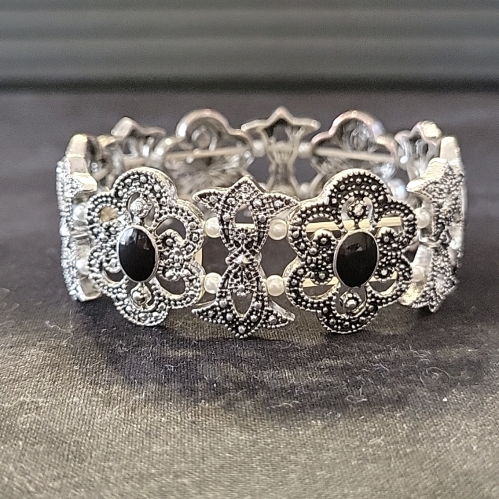 Vintage Silver-Plated Marcasite Bracelet With Black Onyx & Rhinestones/Pearls - Picture 3 of 4
